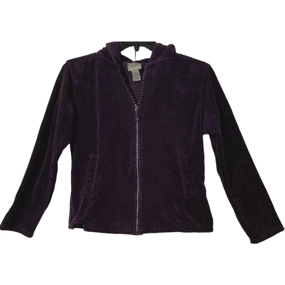 Peck & Peck Purple Velour Jacket Large Hooded Rhinestone RetroGlam Regal Relaxed